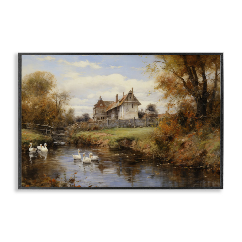 «Ducks in Cottage River», estampe numérique par Petal Prints Design, H 12 po x l 18 po, Giclée encadrée noir minuit