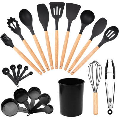 22-Piece Silicone Cooking Utensils Set With Wooden Handles, Heat Resistant Up To 446°F, Non-Stick Kitchen Tools For Nonstick Cookware, Includes Spatula, Tongs, Measuring Cups & More