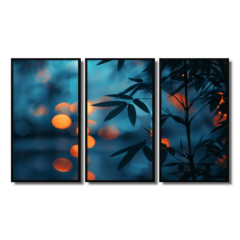 Ensemble de décorations murales en bambou orange et bleu Nirvana, H 28 po x l 36 po, Cadre flottant noir