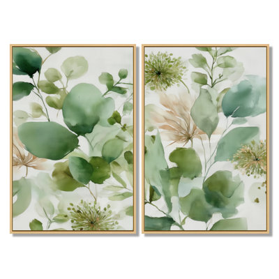 Watercolor Greenery Sage Watercolor - Plants Wall Art Decor, Green Botanical Canvas Print 2 Piece