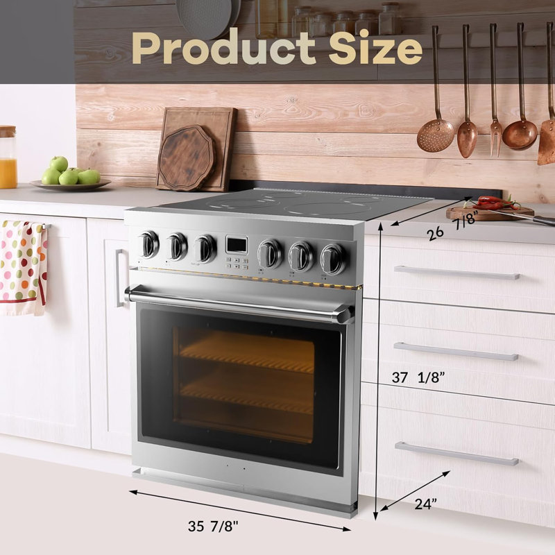 Cuisinière électrique 36 po avec 5 éléments chauffants, four à convection, capacité de 6,0 pi³, 6 fonctions - Professionnel avec plateau en verre lisse, acier inoxydable