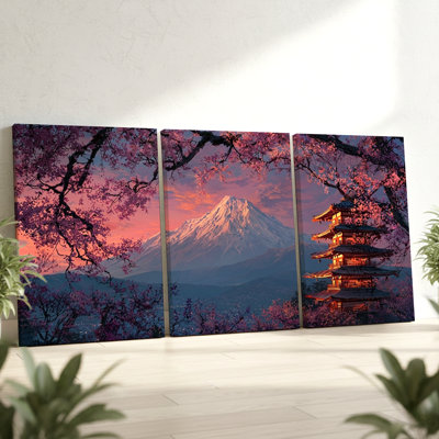 3 Pieces Cherry Blossom Mountain Sunset Large Wall Art with Pagoda Scene, Three Pieces Wall Art for Living Room, Bedroom, Office, and Home Decor