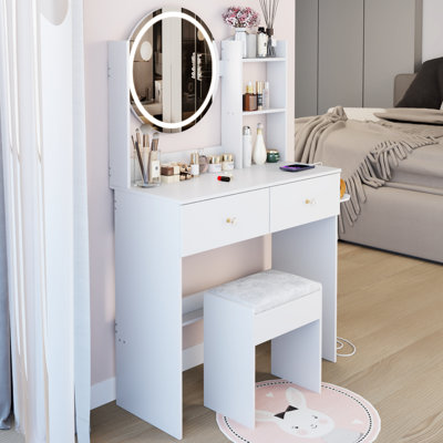 Table de coiffeuse ronde 17 po à DEL, miroir réglable à 3 couleurs, interrupteur tactile, 2 prises AC + 1 prises de type C intégrées, grand miroir, rangement multicouche, style américain, ensemble de commode blanc avec tabouret