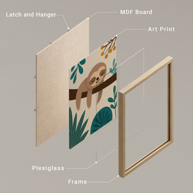 «Sleepy Sloth», ensemble d'art mural encadré de 2 paresseux, H 16 po x l 12 po, Naturel