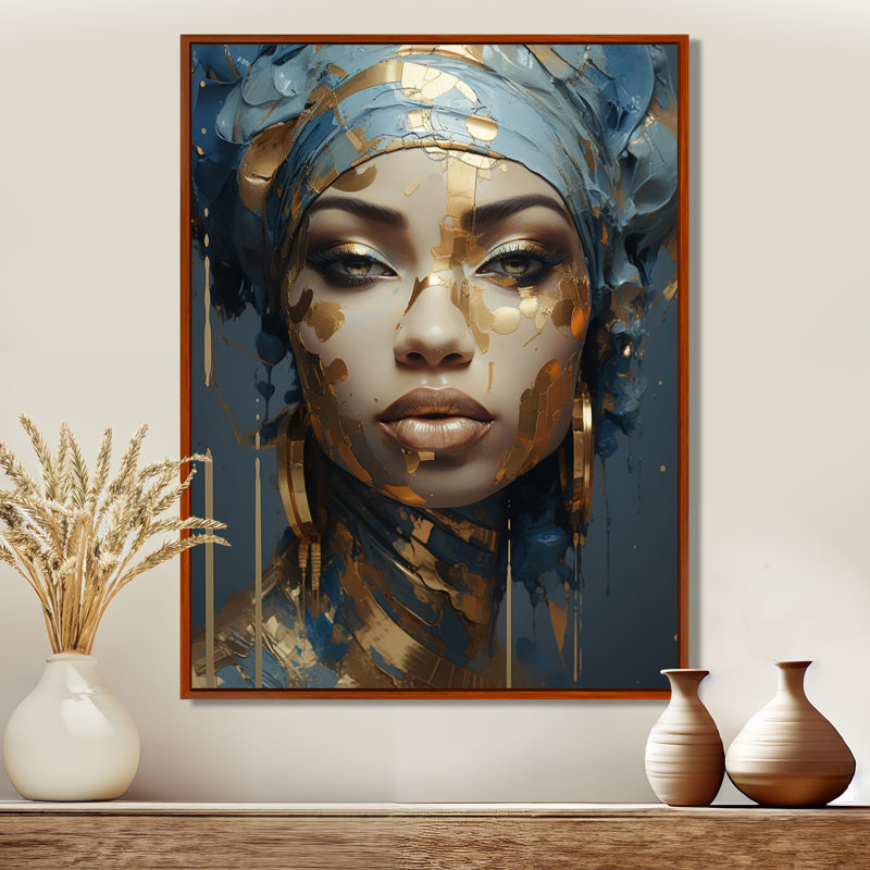 «Blue and Gold African Woman Portrait», art africain sur toile, H 32 po x l 16 po, Reproduction avec cadre flottant, Brun