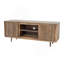 Meuble télé en bois recyclé avec deux portes, rangement compartimenté, surface lisse, idéal pour le visionnement confortable et l'organisation du salon.
