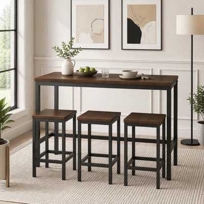 Long Dining Table Set with 3 Stools