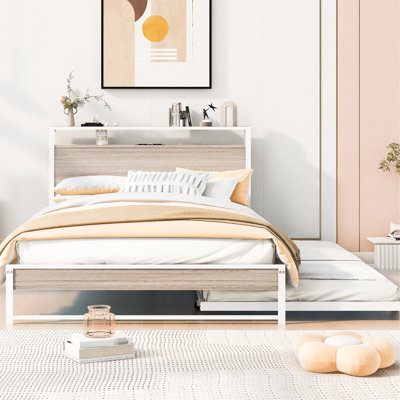 Full Size Metal Bed Frame With Trundle, Ports And Slat Support. White. Strong Urgent. No Box Spring Required For Bedroom Trundle In Supported, Ports. Modern Rustic Design. Construction, Spring. Extra