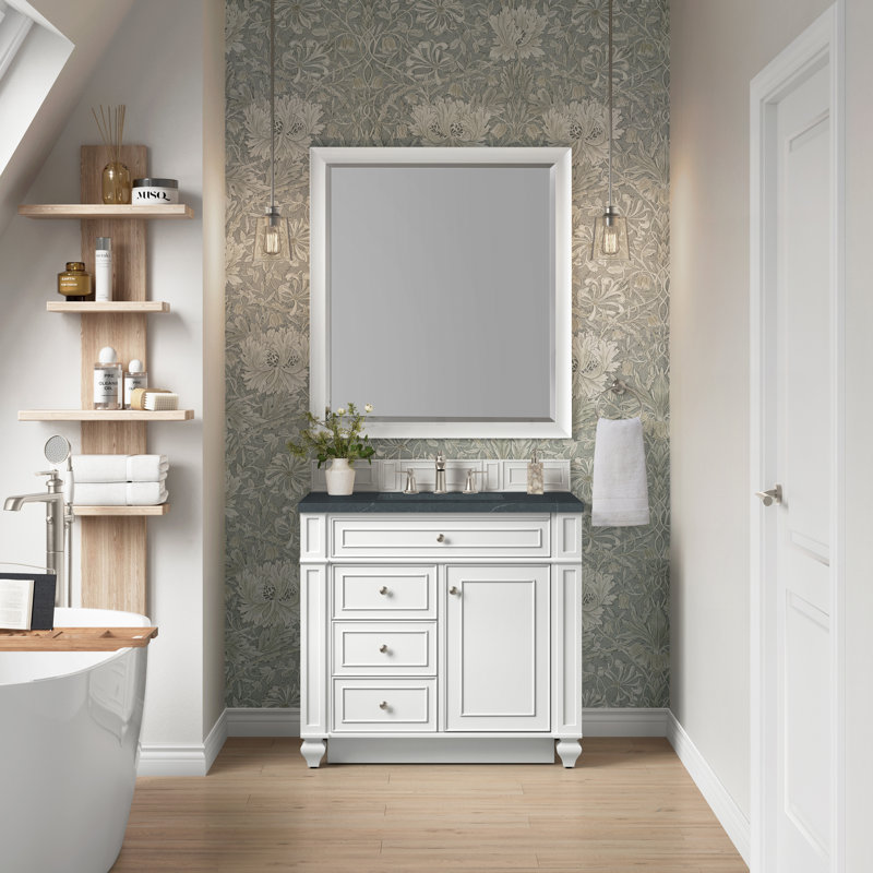 Meuble-lavabo simple 36 po Calisto, Blanc éclatant, Savon gris anthracite, 8 po