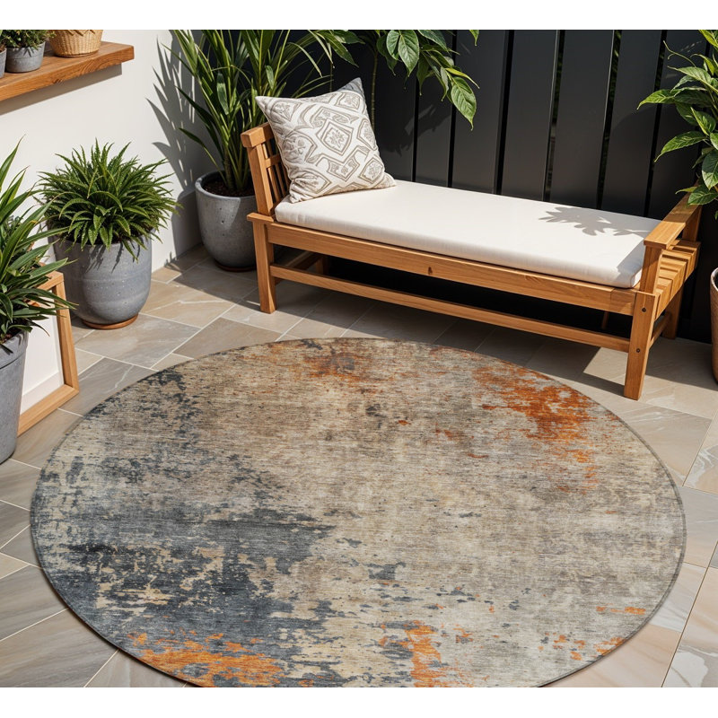 Tapis extérieur rond lavable abstrait kaki et cuivre 8 pi