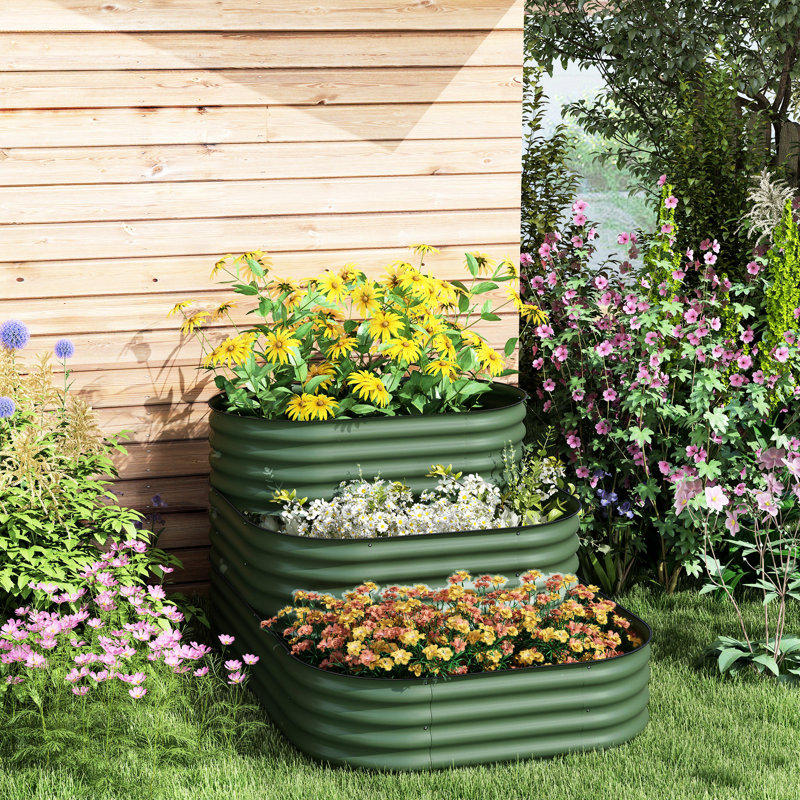 Ensemble de 3 jardinières en acier galvanisé de 61,02 po x 43 po x 32,79 po. Conception d'escalier pour une meilleure expérience de plantation, ouvert au contrôle, lit surélevé avec protection de la jante avec trois, trois configurations différentes