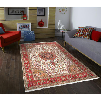 Tapis unique noué à la main ivoire / rouge / brun de 9 pi 11 po x 13 pi Tabriz