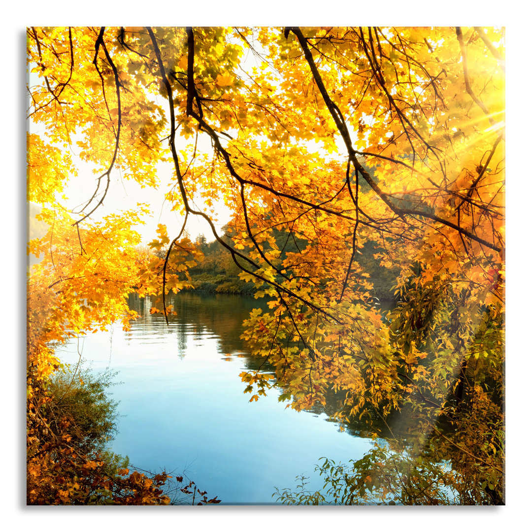 Glasbild Landschaft mit See und Bäumen