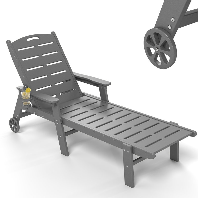 HDPE Outdoor Chaise Lounge – 5-Position Adjustable with Wheels & Cup Holder, Gray