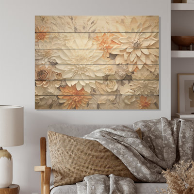 Beige And Colal Seasonal Flowers Glass - Seasonal Flowers Wood Art On Natural Pine Wood