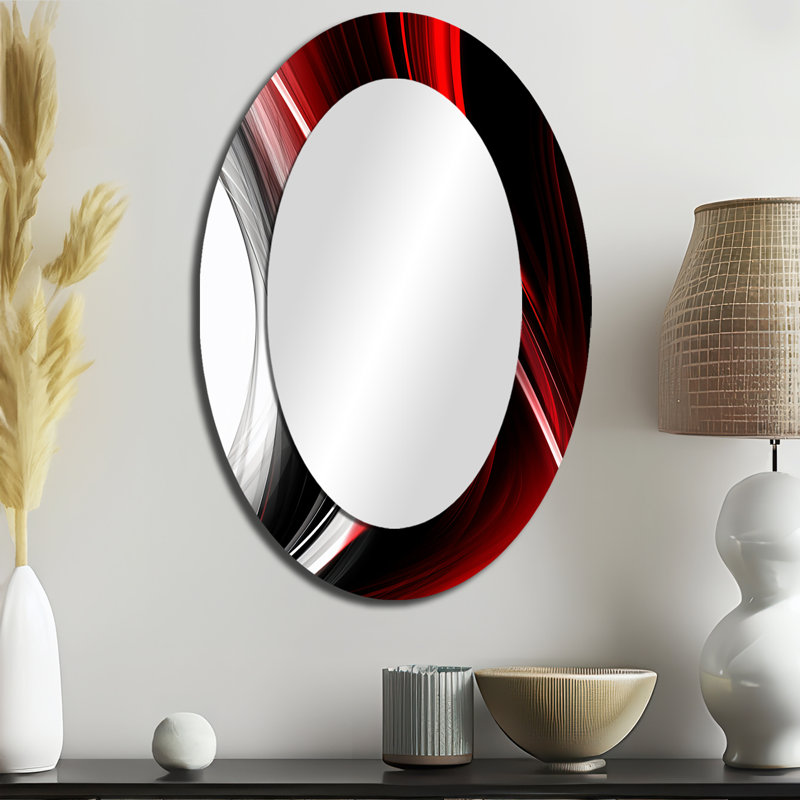 Red Black Infinite Ripples II - Abstract Oval Decorative Mirror On Metal, 36" x 24"