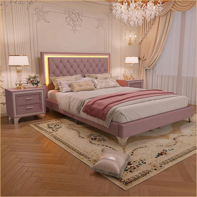 Bedroom Set, Queen Size Upholstered Platform Bed with LED Lights &amp; Two Nightstands | Pink | Velvet
