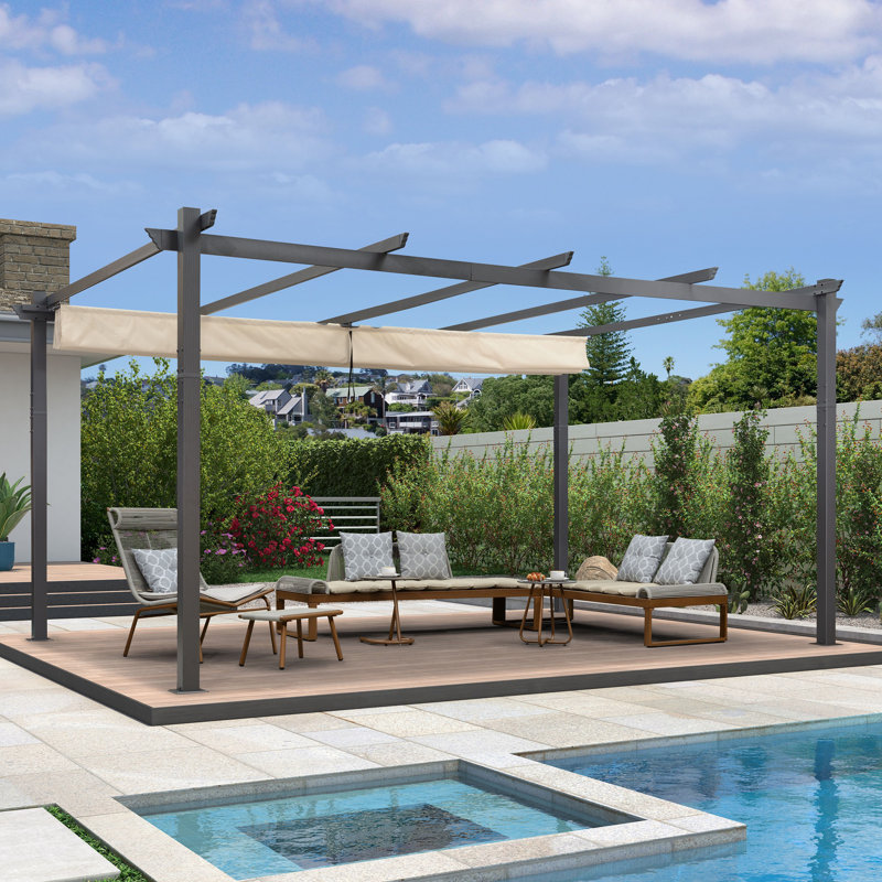 16 pi L 12 pi. Pergola en aluminium avec auvent, Kaki