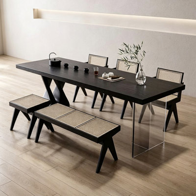 Black Rectangular Solid Wood Dining Table with Twisted Solid & Clear Acrylic Legs