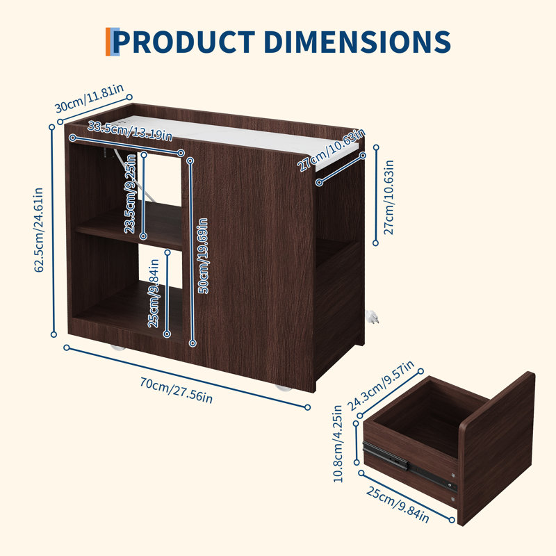 Table d'appoint 27 po avec rangement, table mobile multifonctionnelle pour la cuisine de bureau à domicile, Brun