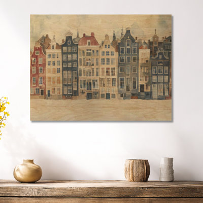 Maisons des canaux d'Amsterdam - Décoration murale en bois représentant un paysage urbain bleu marine