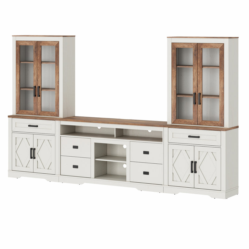 Ensemble de garde-manger de ferme 3 en 1 Glenford - 4 tiroirs + console centrale d'armoire et deux grands buffets (bases de porte de grange + 3 tablettes ouvertes), système de rangement H 73,3 po
