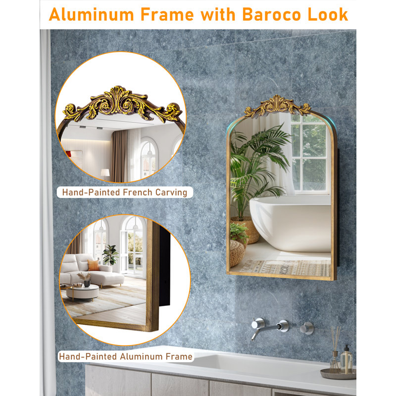 16x24 inch Surface or Recessed Mount Medicine Cabinet Mirror with Vintage Bronze Carving & Hand-Painted Aluminum Frame, All-Metal Construction, 2 Shelves, Arched Mirror for Bathroom, Entryway, Hallway