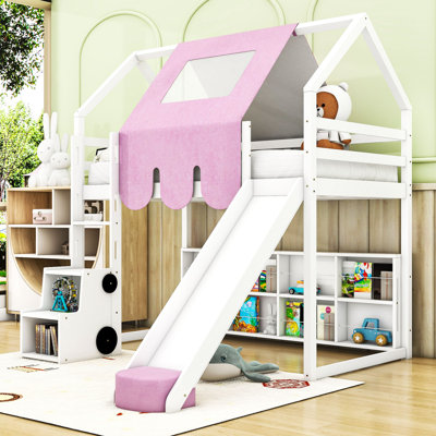 Wooden House-Shaped Loft Bed With Slide And Shelves