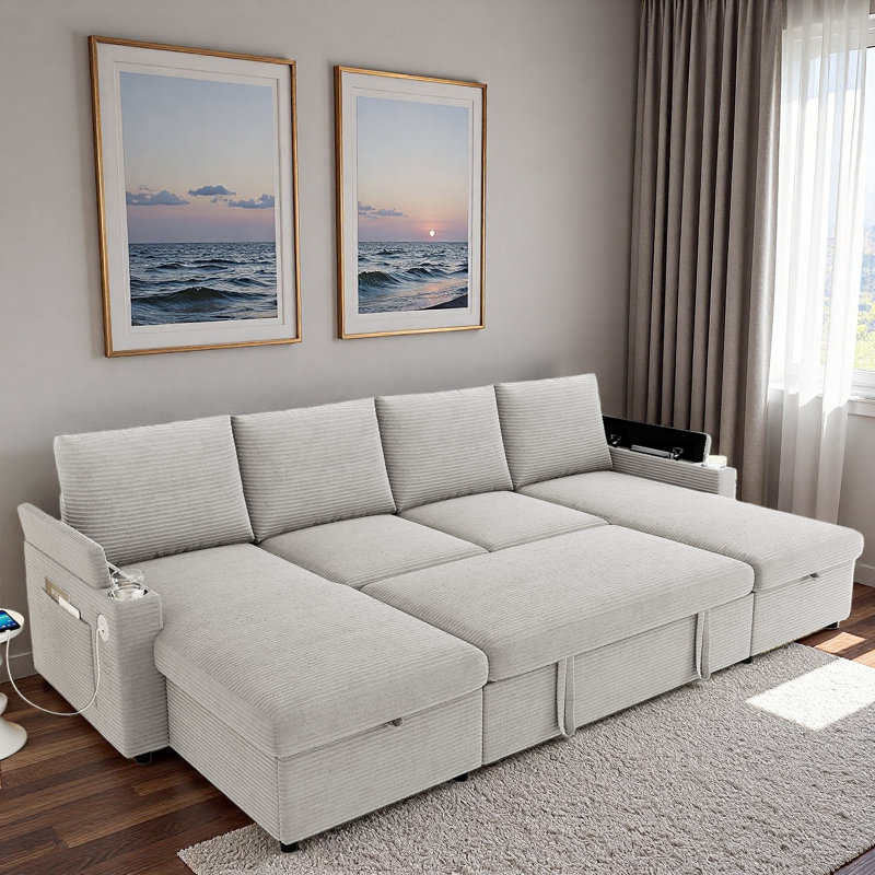 Convertible U-shaped Sectional Sofa With Storage Chaise Lounges, Cup Holders, Usb Ports, Storage Boxes And Pockets