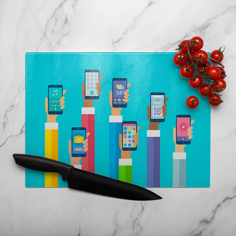 Hands Holding Smart Phones Glass Chopping Board