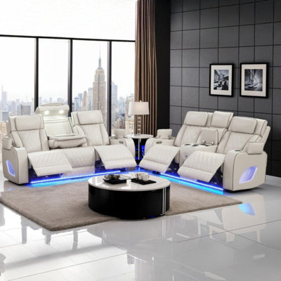 Ensemble de canapé de salon inclinable électrique en similicuir 2 pièces avec fonction DEL et massage, haut-parleurs Bluetooth, console centrale