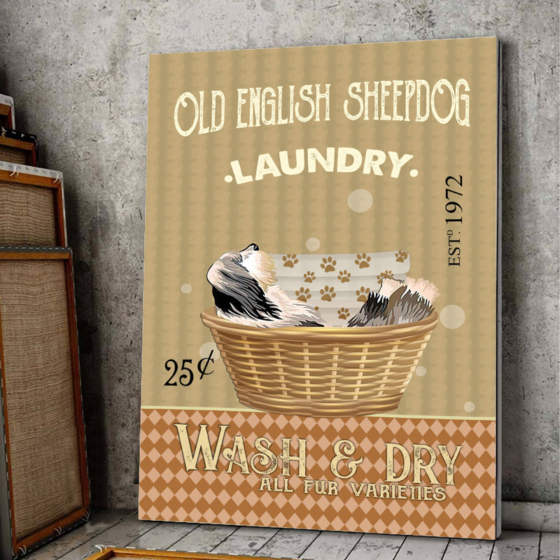 «Old English Sheepdog Do Laundry Gallery», toile tendue - décor d'illustration pour animaux de compagnie