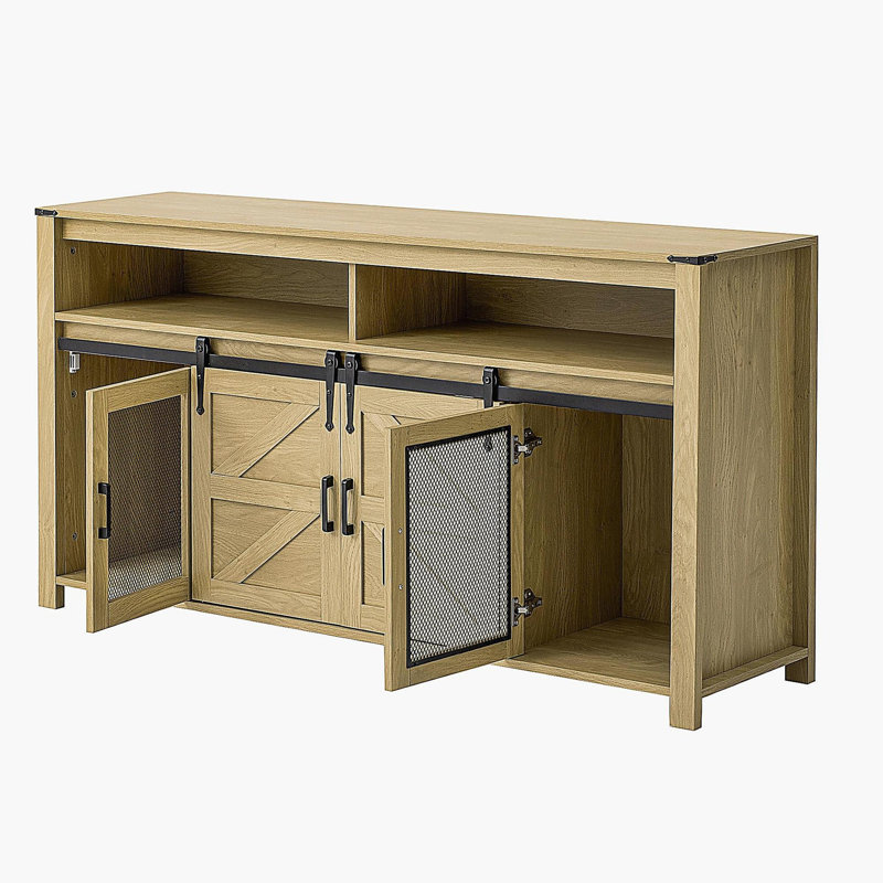 Buffet avec porte de grange coulissante et panneaux grillagés, buffet de ferme avec rangement ouvert, Naturel