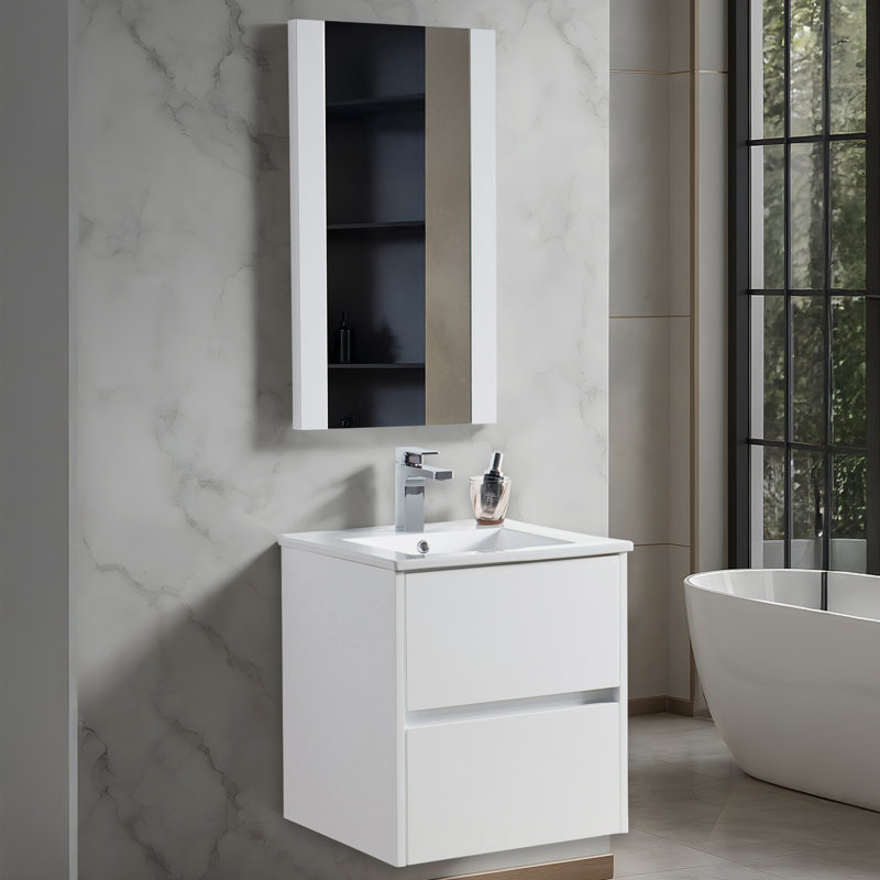 Ensemble de meuble-lavabo mural simple 20 po avec miroir Oquendo, Blanc lustré