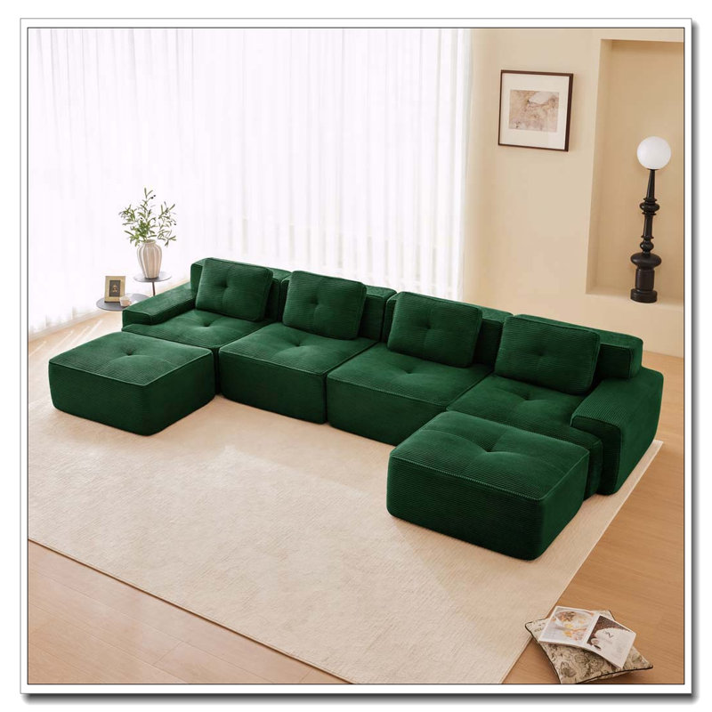 Canapé moderne en velours côtelé, Vert - 4 sièges + 2 chaises