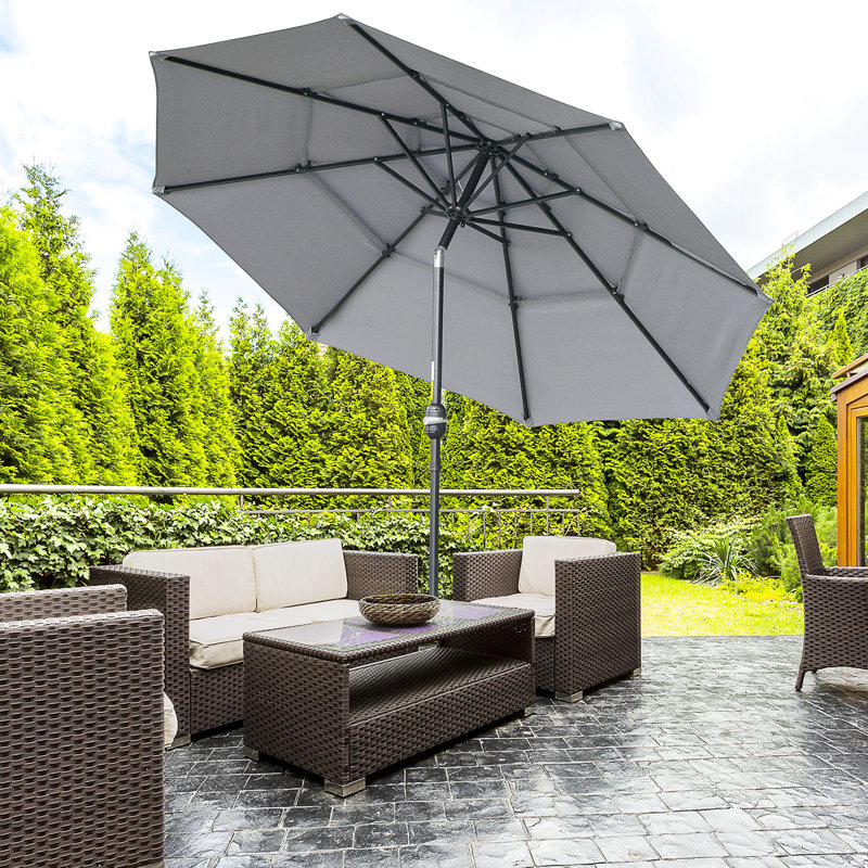 Parasol de patio extérieur 9 pi 3 po, gris foncé, avec manivelle et inclinaison à bouton-poussoir pour les emplacements de terrasse, patio, terrasse, cour, pelouse