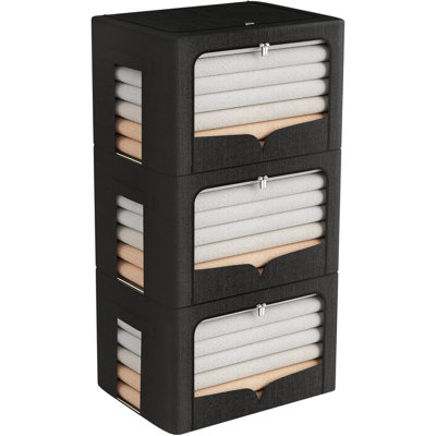 3 Pack Clothes Storage Bins Foldable Metal Frame Storage Box Stackable Linen Fabric Organizer Set With Carrying Handles And Clear Window