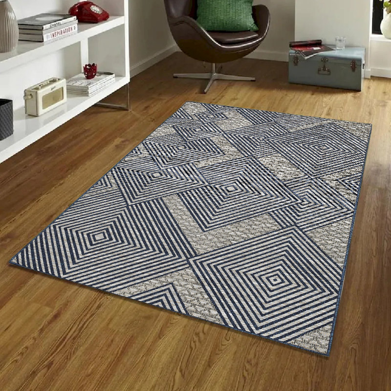 Tapis moderne à motif géométrique bleu marine et gris clair, Rectangle 2 pi x 3 pi