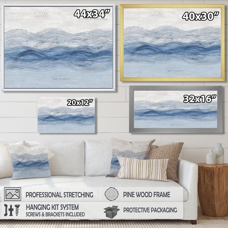 «Blue and Gray Coastal Waves» - art mural côtier, impression sur toile bleu côtier, H 16 po x l 32 po, Toile tendue