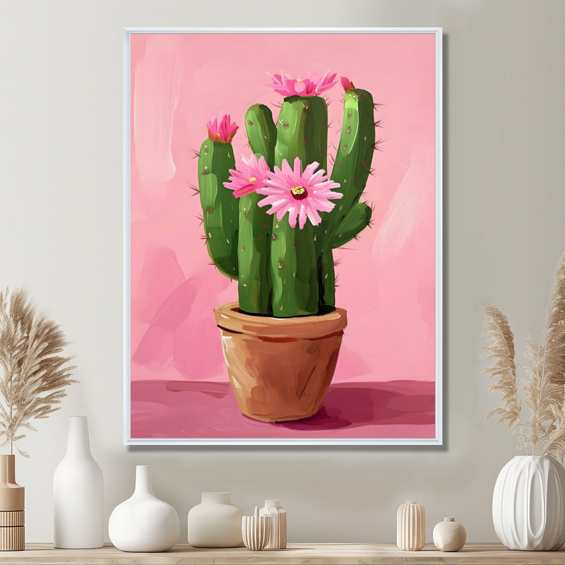 Fleurs de cactus en pot - Art mural floral cactus, Toile encadrée flottée blanche, H 44 po x l 34 po x P 1,5 po