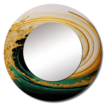 Onelio Gold Watercolor Liquid Art - Abstract Spirals Decorative Mirror, Modern Large Round Wall Mirror, Printed Metal Art