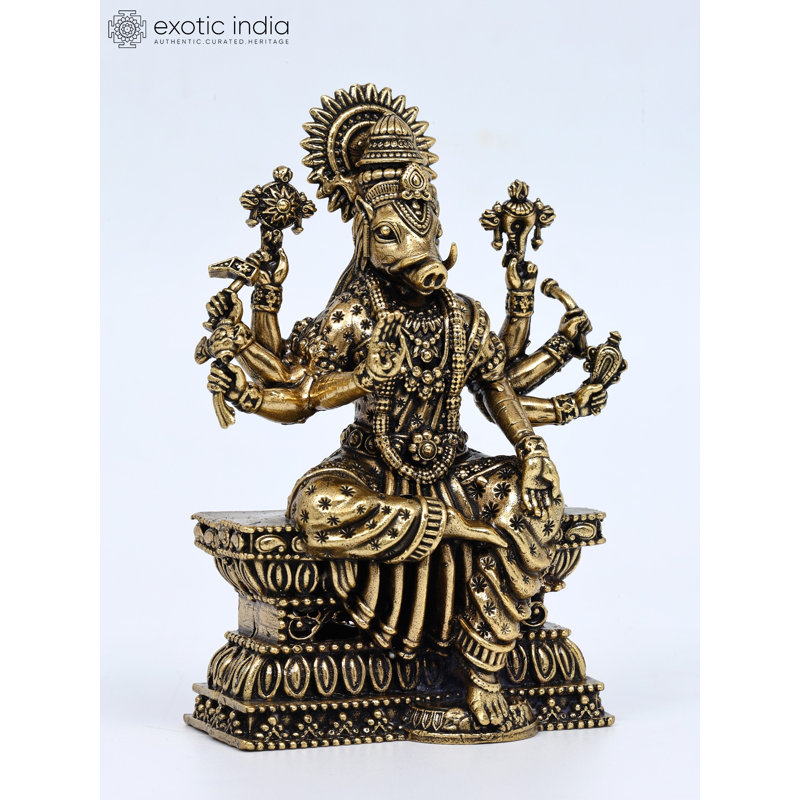 Statue de 4 pouces avec petite déesse assise en laiton Varahi