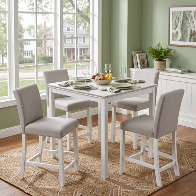 Ensemble de 5 pièces de table de cuisine en bois à hauteur de comptoir, de table carrée et 4 chaises rembourrées (blanc, cristal) et ensemble de chaises