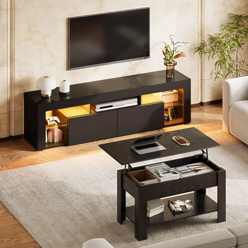 Ensemble de salon noir 2 pièces, table basse à plateau relevable et meuble télé à DEL pour le salon