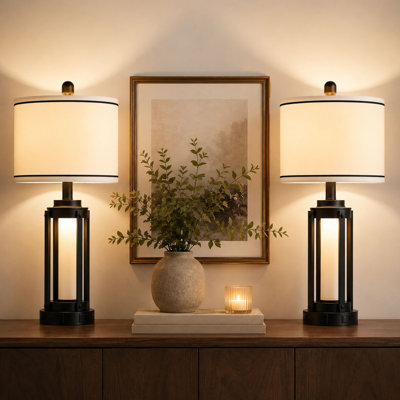 Tatyanna 25.5" Black Bedside Table Lamp Set with USB Ports and Night Light, Built-in Outlet