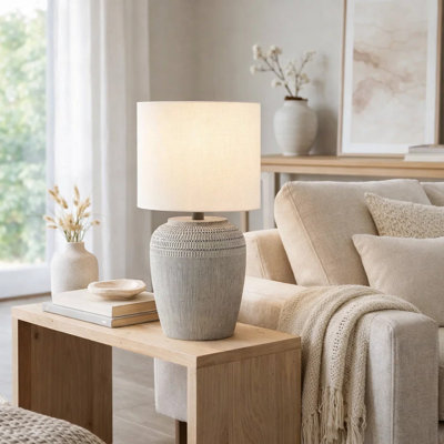 Pany Table Lamp, 17 Inch, Ivory Drum Shade, Gray Ceramic Jar Base