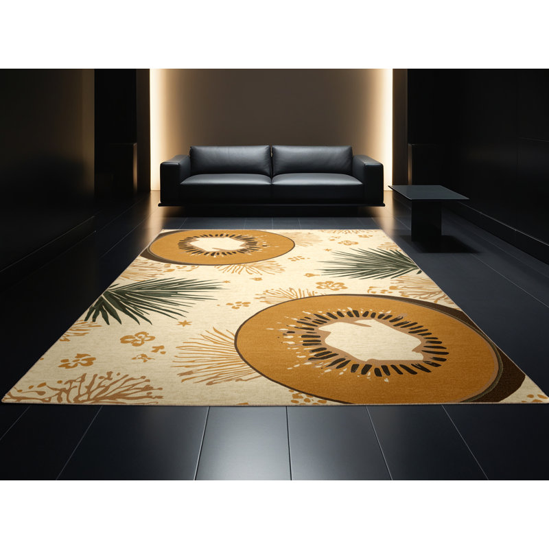 Machine Washable Higgins Kiwi Tropical Floral Rug in Beige – Beige Binding, 7x10