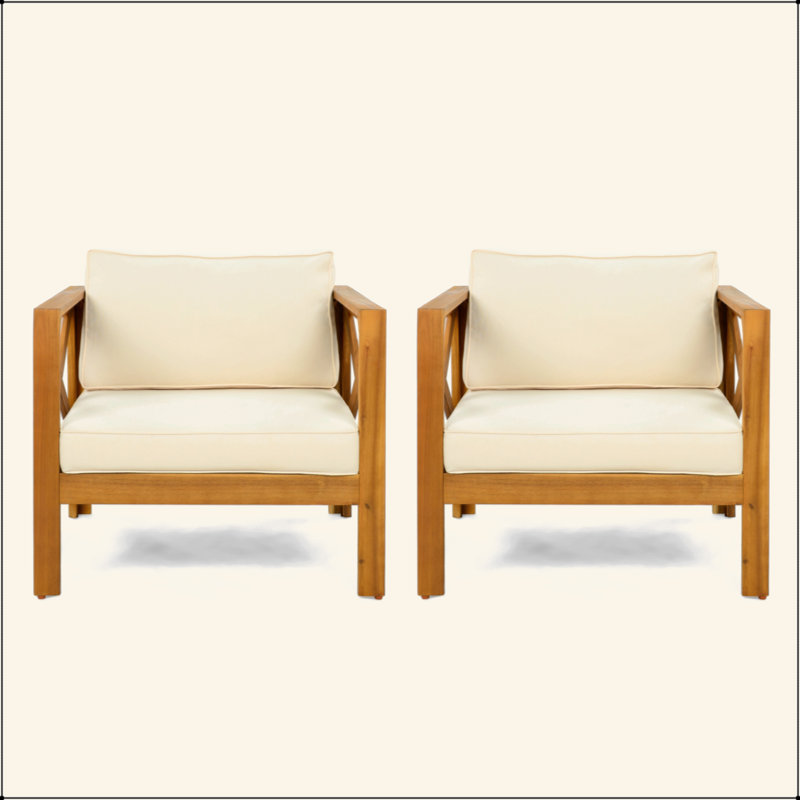 Fauteuil club d'extérieur en bois d'acacia avec coussins, ensemble de conversation, 2, Beige