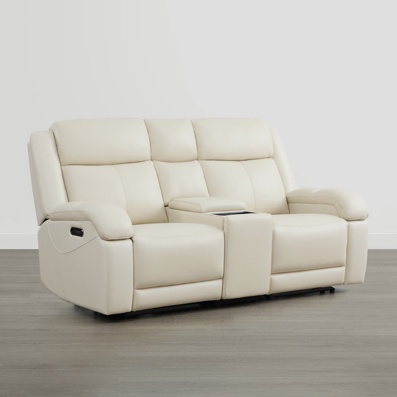 Zachery Genuine Leather Power Reclining Sofa with Multifunctional Console, Cream, 2