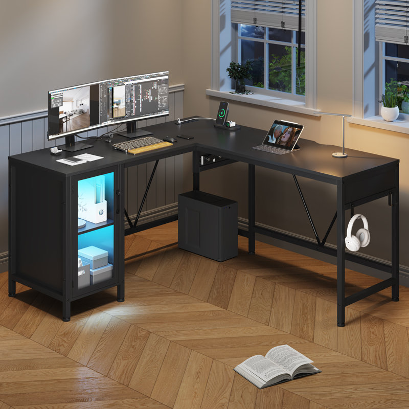 50.4" L Shaped Desk With Lift Top Adjustable Standing Desk With File Drawer, Black/Black